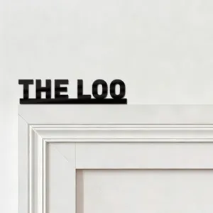 Detailed close-up view of a black acrylic letter door sign spelling THE LOO for decor.