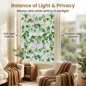 Decorative green ivy window film for privacy and light control, static cling glass sticker.