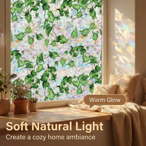 Decorative static window film with green ivy pattern, translucent rainbow privacy glass sticker.