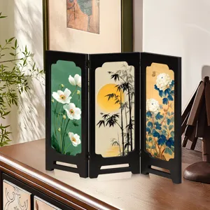 Chinese Style Mini Folding Screen Desk Decoration Vintage Wooden Tabletop Ornament Gift