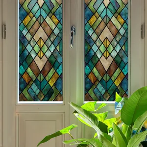 Stained glass window film detail, geometric diamond pattern design, elegant home decor.