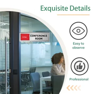 Office conference room sliding status door sign in use indicator for working workplace.