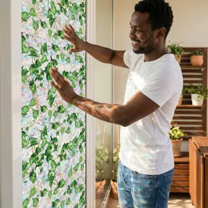 Static window film with green ivy leaves design, privacy decorative glass sticker.