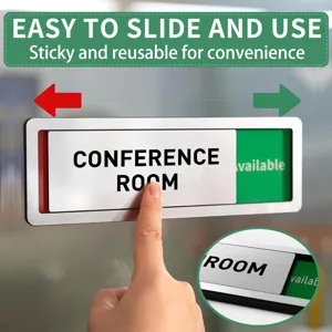 Close-up detail of sliding conference room door status sign showing available text.