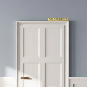 Gold acrylic door sign with NO RIFF RAFF text, modern home wall decor sticker for room entrance.