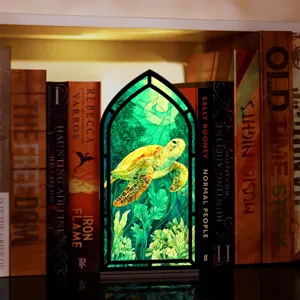 Vista dettagliata del book nook ad arco gotico con design luminoso di tartaruga marina.