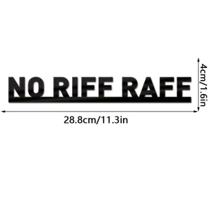 Black acrylic NO RIFF RAFF wall sticker detail view showing product dimensions and clear lettering.