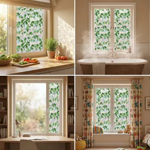 Decorative static window glass film with green leaves vine pattern, glue-free privacy film design.