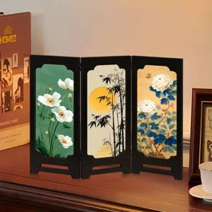 Mini Chinese style folding screen desktop ornament, retro wooden screen decor for home and office.