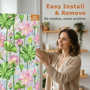 Lotus window glass film static cling decorative privacy film for home bathroom window use.