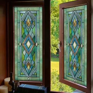 Stained glass window film detail, vintage geometric pattern, privacy decorative sticker.