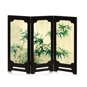 Miniature Chinese style wooden bamboo folding screen tabletop decor closeup display piece.