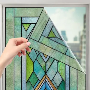 3D stained glass window film detail, geometric embossed static cling sticker for home decor.