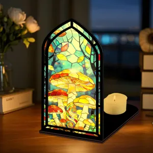 Vista dettagliata dell'inserto per libreria con funghi luminosi in vetro colorato.