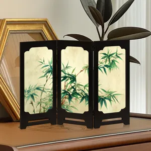 Chinese retro mini folding screen desktop decor bamboo painting vintage tabletop ornament