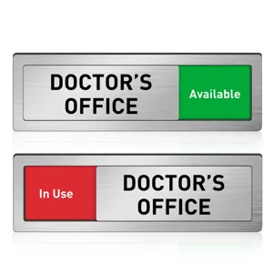 Sliding door status sign detail showing doctor office text with green available and red in use.