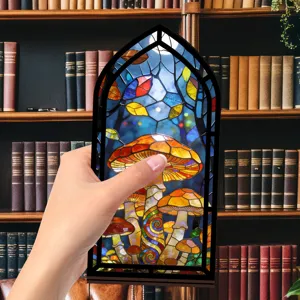 Dettaglio ravvicinato dell'inserto per angolo libri in vetro con funghi luminosi.
