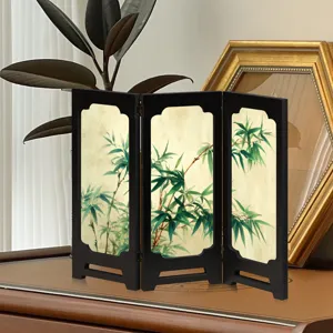 Mini Chinese folding screen desktop decor vintage retro bamboo art ornament for home office.