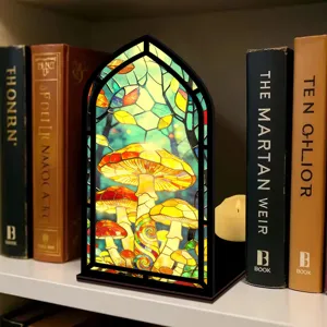 Vista dettagliata del cantuccio libri luminoso con funghi e arco gotico da scaffale.