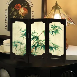 Vintage mini wooden folding screen tabletop Chinese bamboo art decor ornament for home office desk