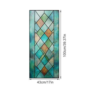 Detailed view of the 3D stained glass window film with geometric mosaic patterns and dimensions.