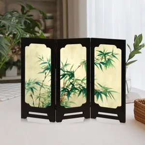Mini wooden folding screen desktop decor Chinese style bamboo painting art ornament gift