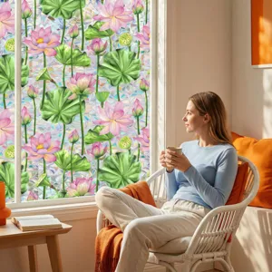 Lotus window film detail showing watercolor floral design applied on home glass for decor.