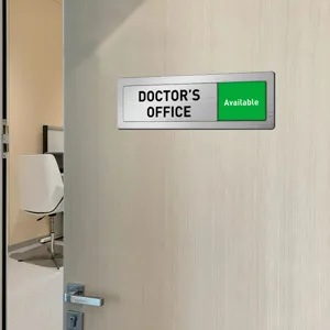 Sliding door sign for doctor office, aluminum metal status indicator with green available tab.
