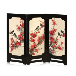 Chinese style tabletop folding screen wood plum blossom bird vintage desktop decor gift