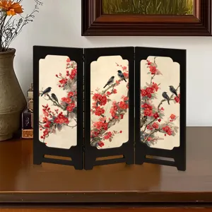 Traditional Chinese style mini folding screen desktop ornament, vintage flower bird art decor.