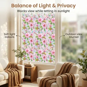 Decorative window privacy film with pink floral botanical pattern for home glass decoration.