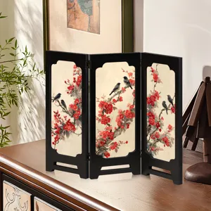 Chinese style desktop mini folding screen decorative ornament with plum blossom bird design