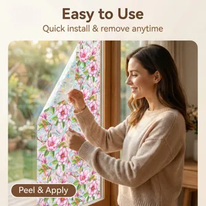 Decorative static window film with floral magnolia pattern, glue-free glass sticker for home.