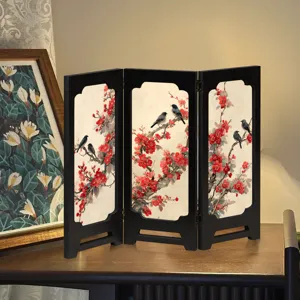 Chinese style mini wooden folding screen desktop decor with plum blossom bird art piece.