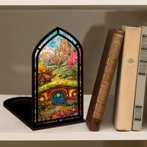 Vista dettagliata dell'angolo lettura in vetro colorato fantasy con illuminazione calda.