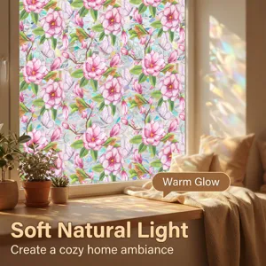 Pink magnolia floral static window film decorative glass sticker for cozy home decoration