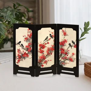 Chinese style desktop folding screen ornament with plum blossom and bird art for home decor.