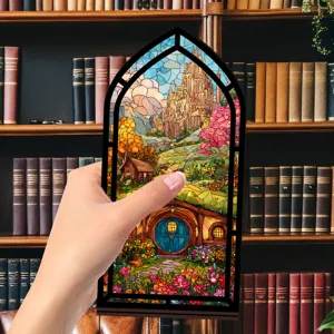 Inserto fermalibri in stile vetrata, castello fantastico e decorazione per libreria.