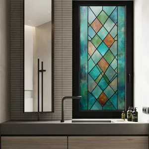 Decorative static cling window film with colorful 3D geometric stained glass design for home.