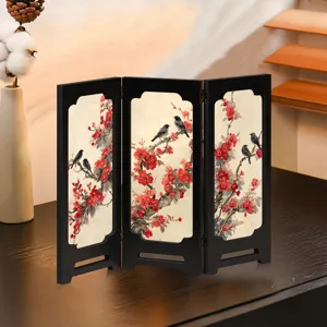 Miniature Chinese vintage folding screen desktop ornament traditional bird flower decor