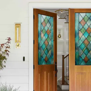 Decorative stained glass window film with colorful geometric pattern for wooden door glass