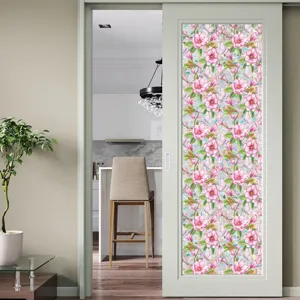 Floral static window film for glass door, decorative frosted sticker for home office decor.