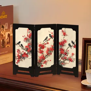 Chinese style mini folding screen desktop decoration featuring plum blossom and bird art design.