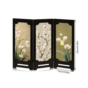 Miniature wooden folding screen with traditional oriental floral art for desktop home decor.