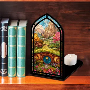 Fermalibri angolo lettura in vetro colorato con design paesaggistico fantasy per mensola