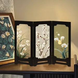 Retro Chinese style miniature folding screen desktop decoration ornament with floral art.