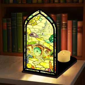Inserto fermalibri in vetrata con design di castello fantastico, decorazione libreria.