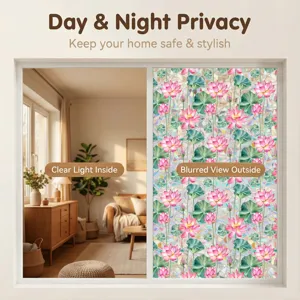 Decorative static window film with lotus flower design, provides day and night privacy easily.
