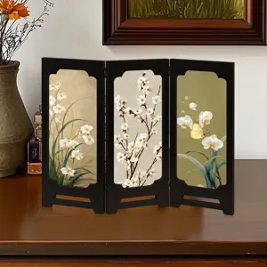 Chinese vintage style tabletop folding screen ornament, three-panel decorative wood display.