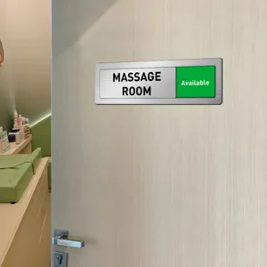 Sliding door status sign for office or massage room, adjustable green available indicator plate.